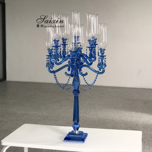 Hot Sale Wedding Home Decoration Centerpiece 9 Arms Blue Crystal Candelabra