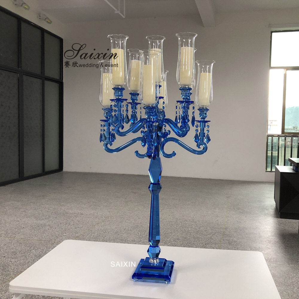 Hot Sale Wedding Home Decoration Centerpiece 9 Arms Blue Crystal Candelabra