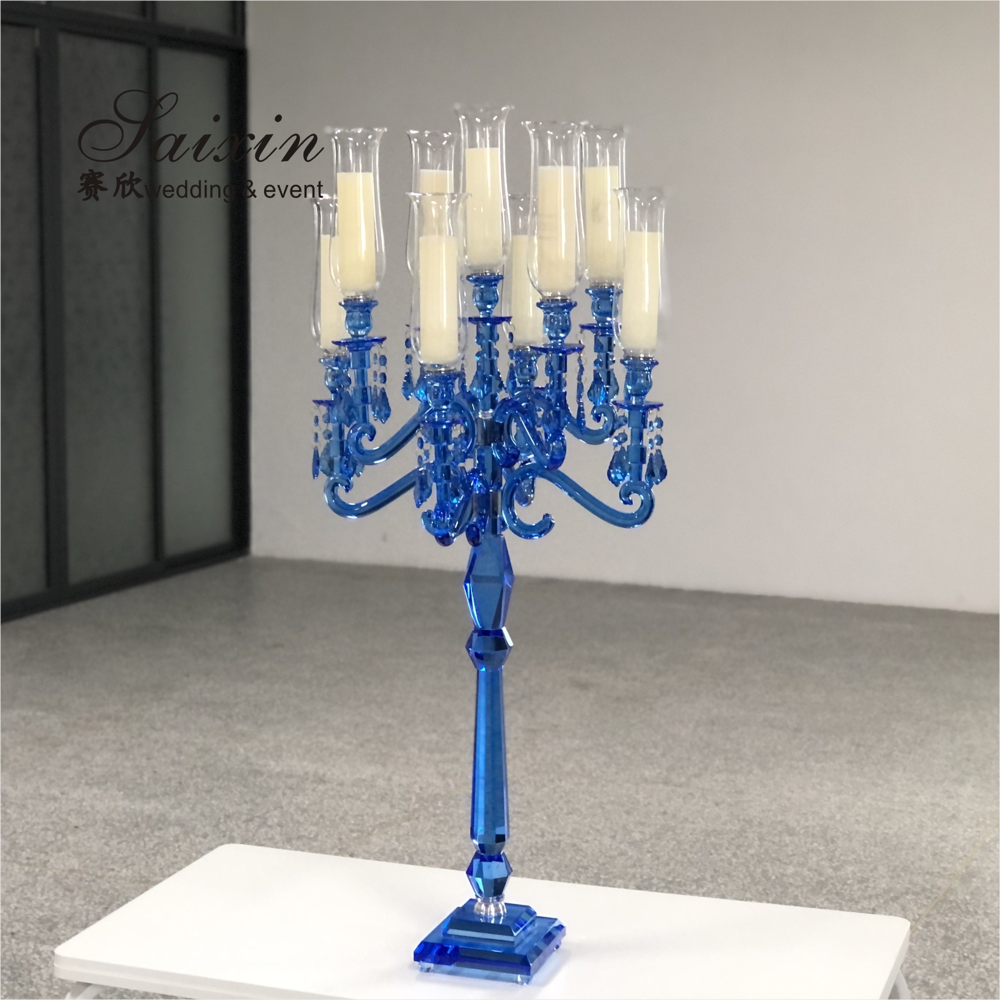 Hot Sale Wedding Home Decoration Centerpiece 9 Arms Blue Crystal Candelabra