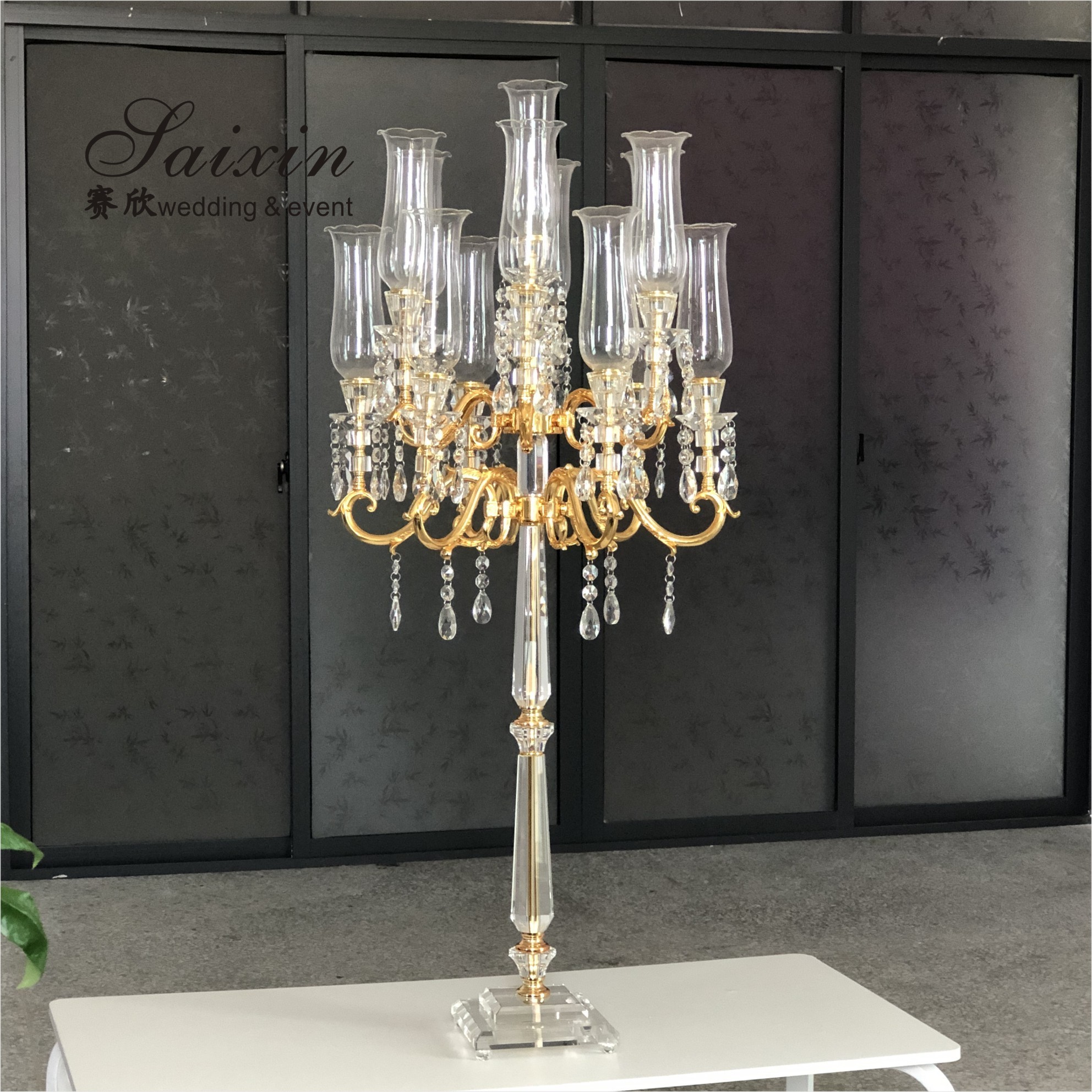 ZT-303C 13 arms Wholesale custom wedding table decoration gold crystal glass hurricane candelabras