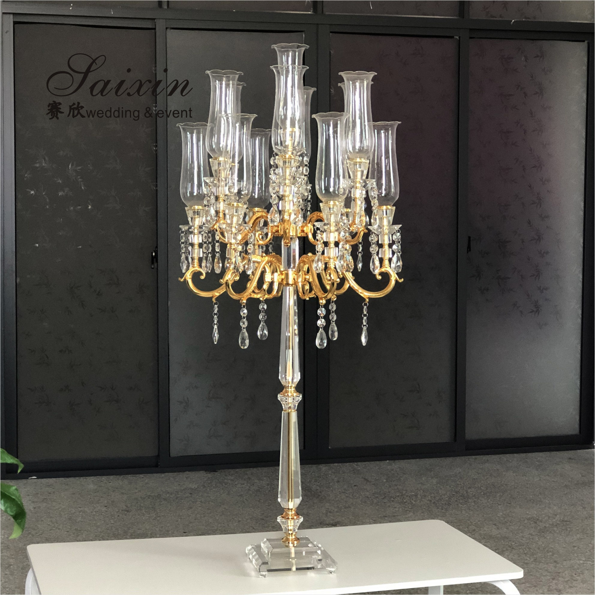 ZT-303C 13 arms Wholesale custom wedding table decoration gold crystal glass hurricane candelabras