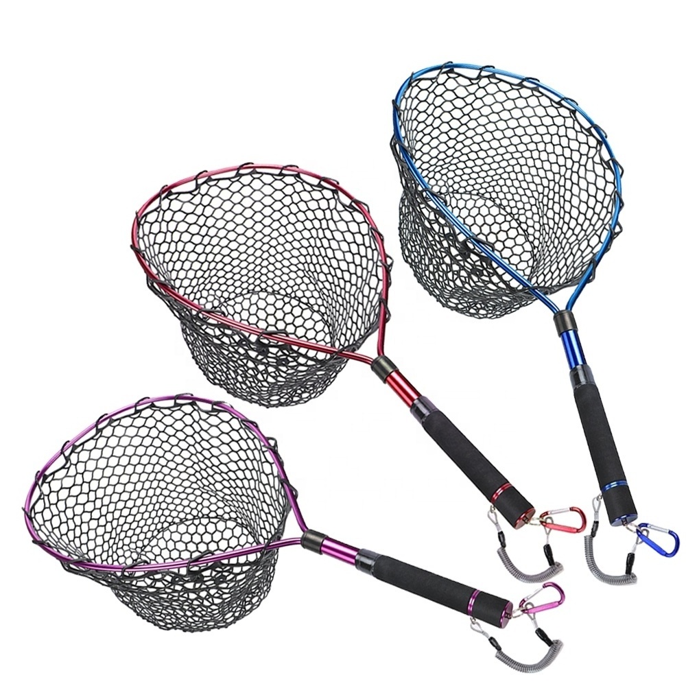 Goture Fly Fishing Landing Net Carp Bass Trout Aluminum alloy Alloy Frame Soft Rubber Mesh EVA Handle Hand Net