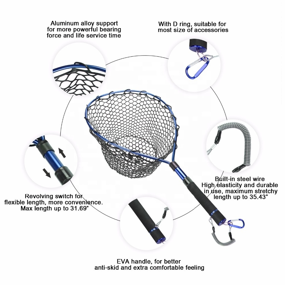 Goture Fly Fishing Landing Net Carp Bass Trout Aluminum alloy Alloy Frame Soft Rubber Mesh EVA Handle Hand Net