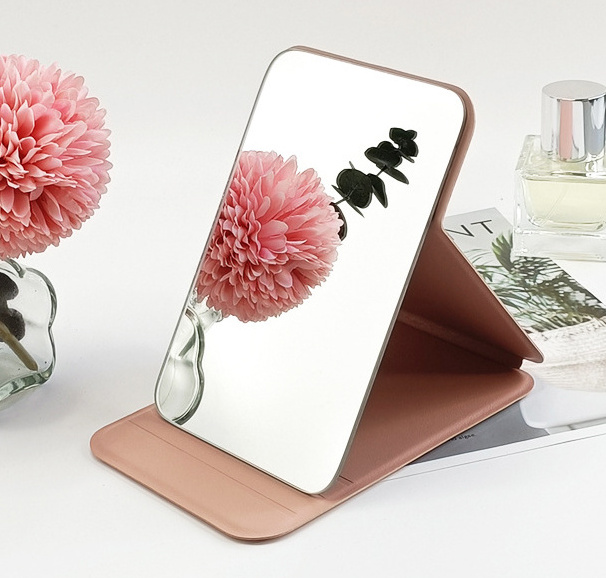 SAIYII High Quality Pu Leather Makeup Standing Mirror Custom Logo Portable Folding Big White Pu Desktop Mirror For Travel