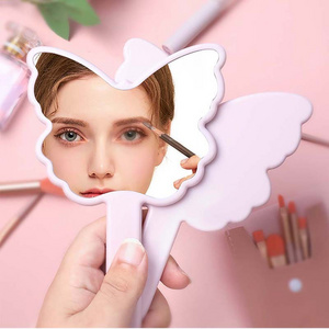 SAIYII New Arrival Cute Pink Butterfly Shaped Plastic Travel Handheld Mirror Private Label Cosmetic Hand Mirror with Handle