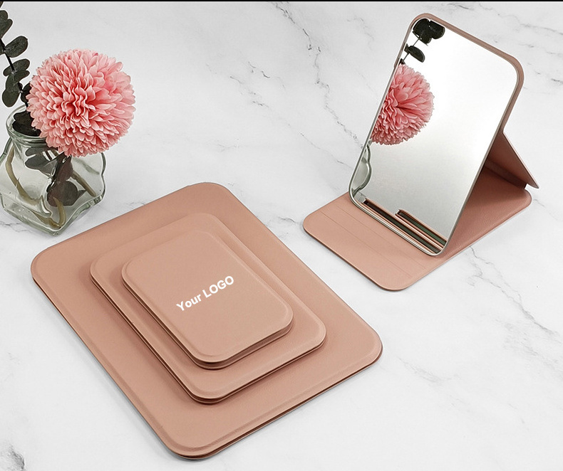 SAIYII High Quality Pu Leather Makeup Standing Mirror Custom Logo Portable Folding Big White Pu Desktop Mirror For Travel