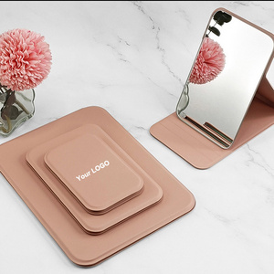 SAIYII High Quality Pu Leather Makeup Standing Mirror Custom Logo Portable Folding Big White Pu Desktop Mirror For Travel