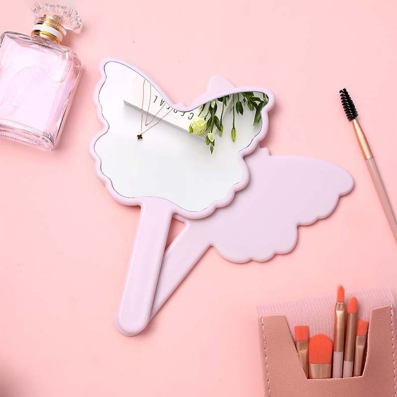 SAIYII New Arrival Cute Pink Butterfly Shaped Plastic Travel Handheld Mirror Private Label Cosmetic Hand Mirror with Handle