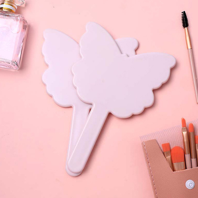 SAIYII New Arrival Cute Pink Butterfly Shaped Plastic Travel Handheld Mirror Private Label Cosmetic Hand Mirror with Handle