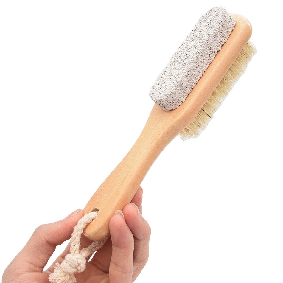 SAIYII Foot Natural Bristle Brush Pumice Volcanic Stone Exfoliator Pedicures Calluses Remover With Wooden Handle