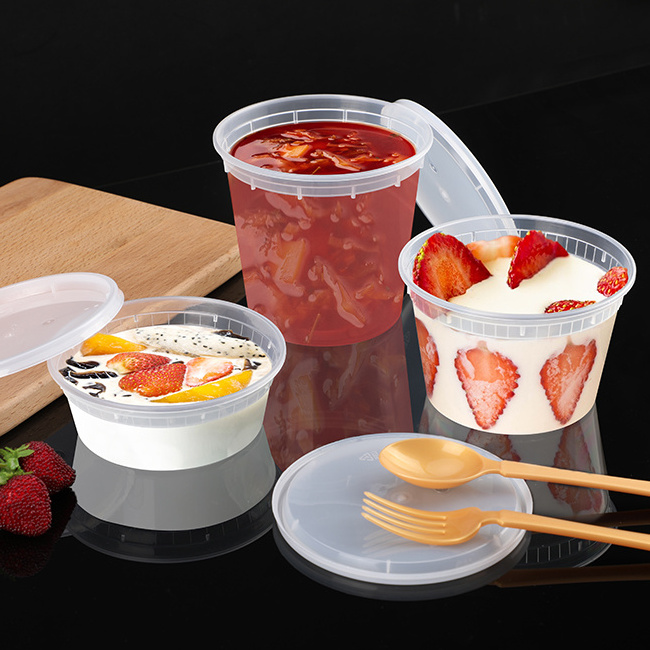 Tamper resistant plastic cups 32 24 16 12 10 8 oz microwave safe leakproof soup delivery pp plastic round food container