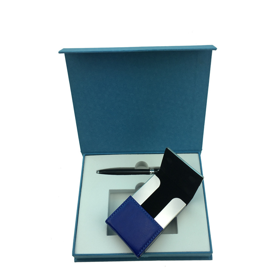 PU Leather Stainless Steel Business Card Case with Magnetic Shut business card holder and pen gift set