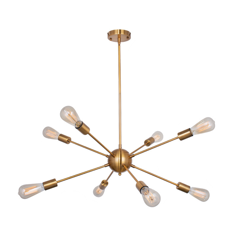 Industrial modern loft fixtures hanging brushed brass gold metal iron Starburst Sputnik chandelier pendant light for living room