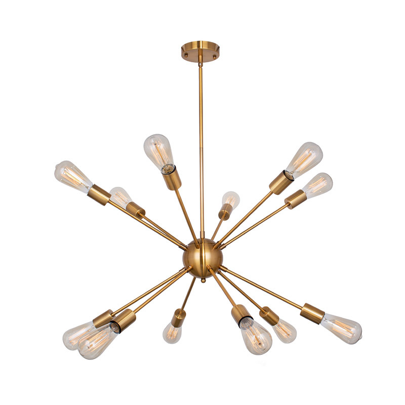 Industrial modern loft fixtures hanging brushed brass gold metal iron Starburst Sputnik chandelier pendant light for living room