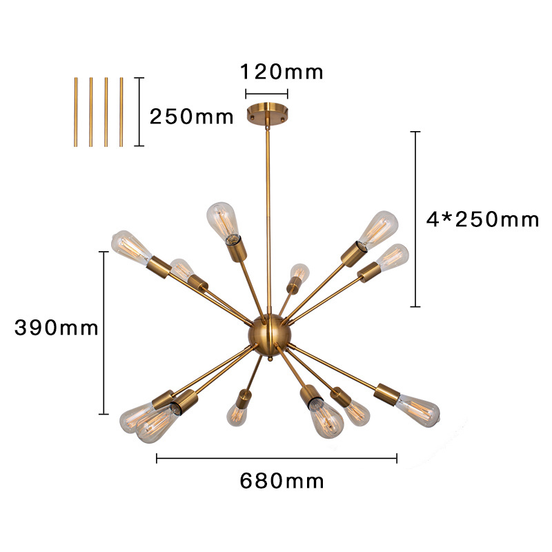 Industrial modern loft fixtures hanging brushed brass gold metal iron Starburst Sputnik chandelier pendant light for living room