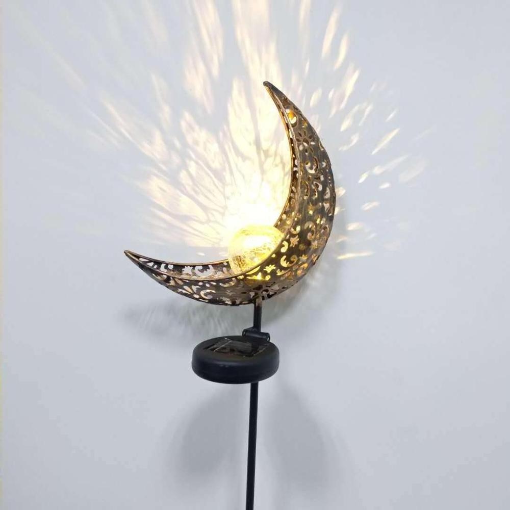 Solar powered Outdoor Pathway decorative Magic Brass Hollow-Carved Metal Moon Globe Stake Solar Crackle Glass ball Garden Light