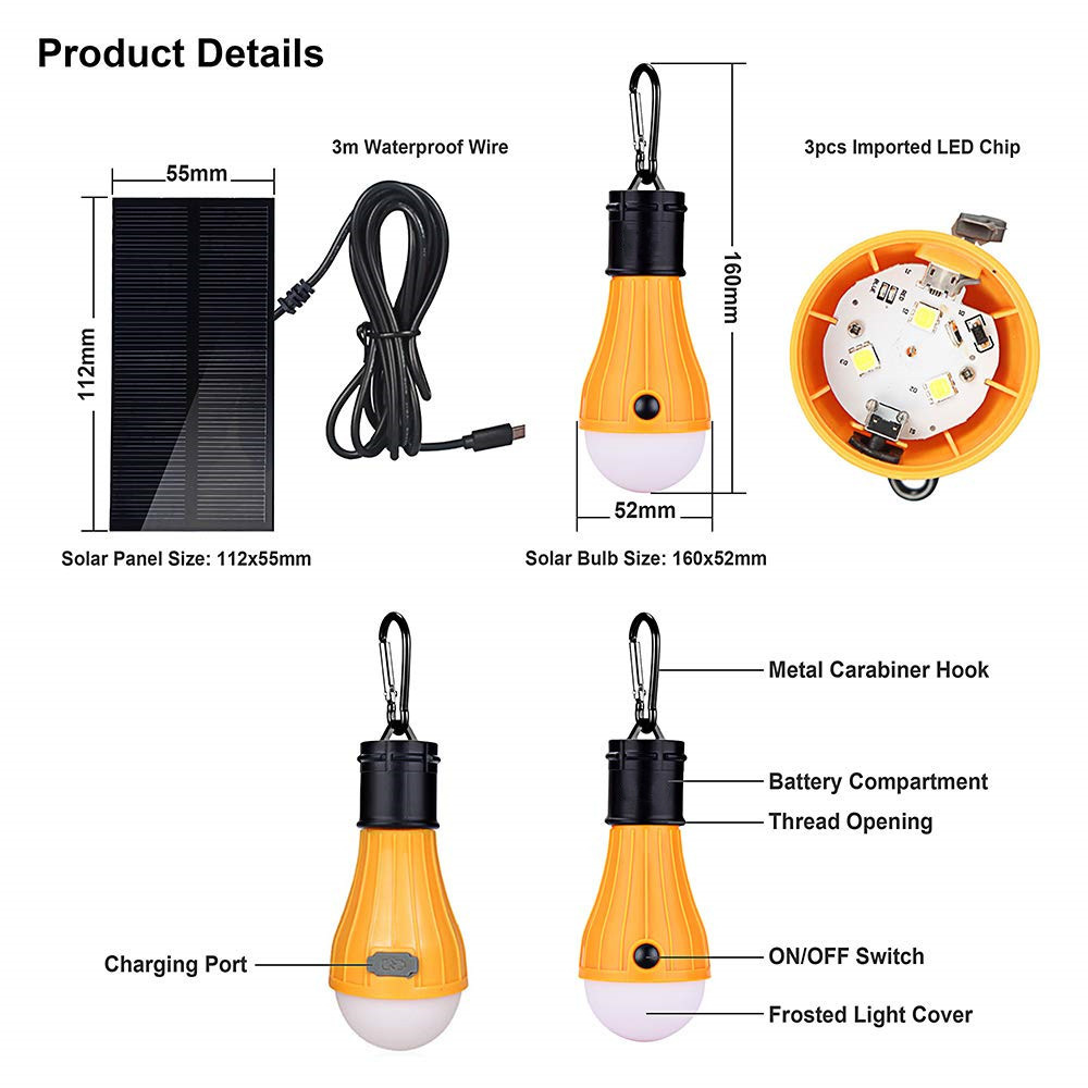 Outdoor waterproof dimmable mini portable rechargeable usb dim solar powered tent hiking Camping lamp LED Solar panel Light Bulb