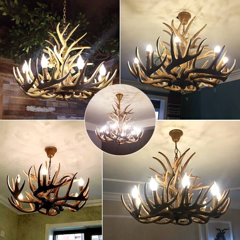 industrial retro deer kitchen decorative candle LED pendant lighting antique rustic animal ceiling loft resin antler chandelier