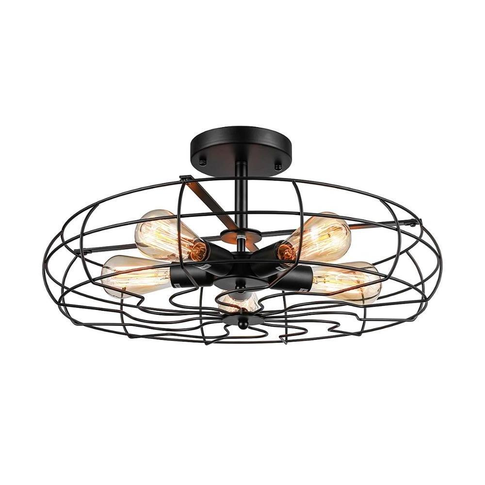 Retro Industrial Style loft Metal Cage high Ceiling vintage 5 Lights Semi Flush Mount Rustic LED fan Pendant Light chandelier