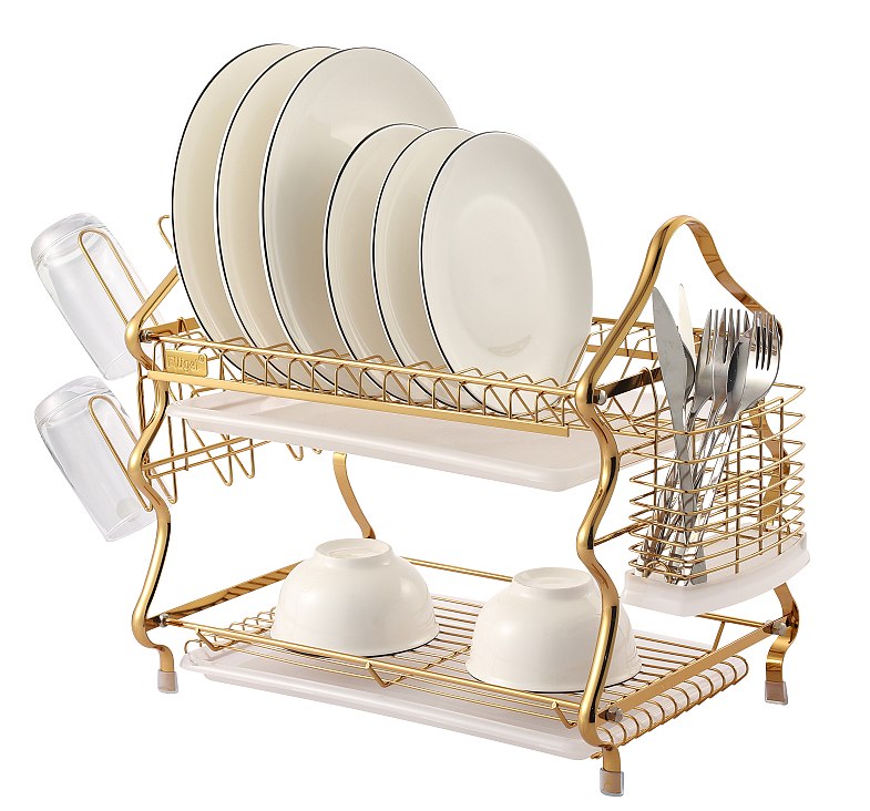 2 layer gold Chrome wire plate rack, 2 tier dish rack for kitchen Accessories,Christmas tree shape