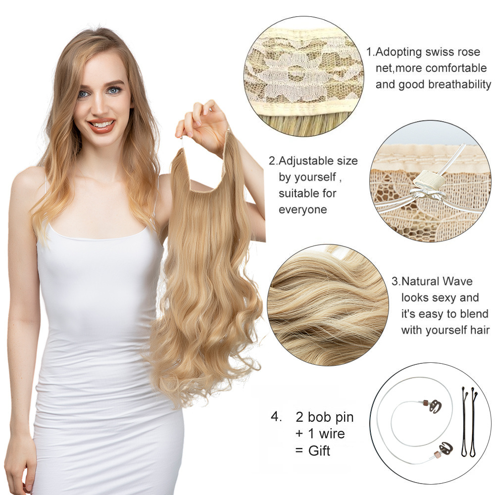 Wholesale Wavy Curly Invisible Halo Fiber Hair Extensions Natural Black Ombre Blonde Color Long Synthetic Hairpieces For Women