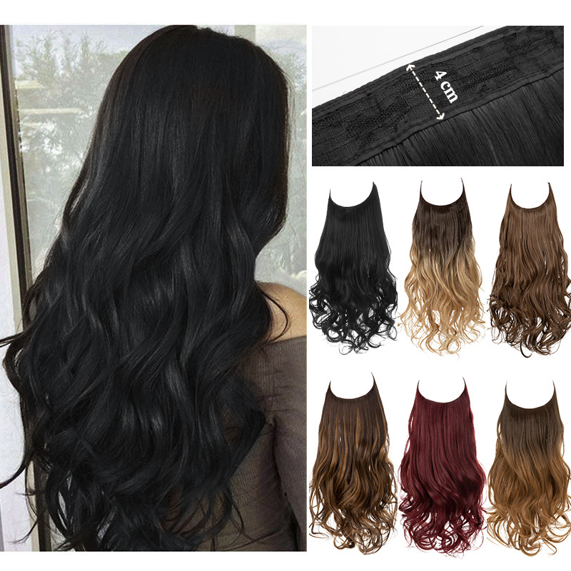 Wholesale Wavy Curly Invisible Halo Fiber Hair Extensions Natural Black Ombre Blonde Color Long Synthetic Hairpieces For Women