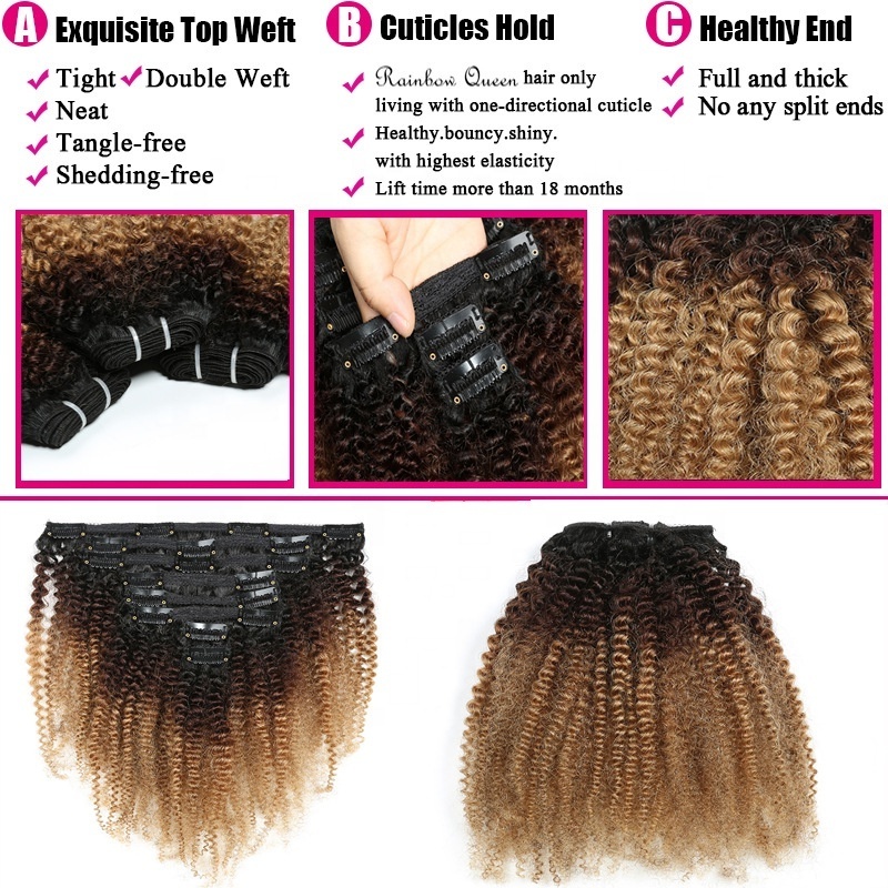 8 PCS/Set 120G Long Ombre Eurasian Remy Human Hair Clip in Yaki Kinky Curly Afro Clip in Real Human Hair Extensions For Women