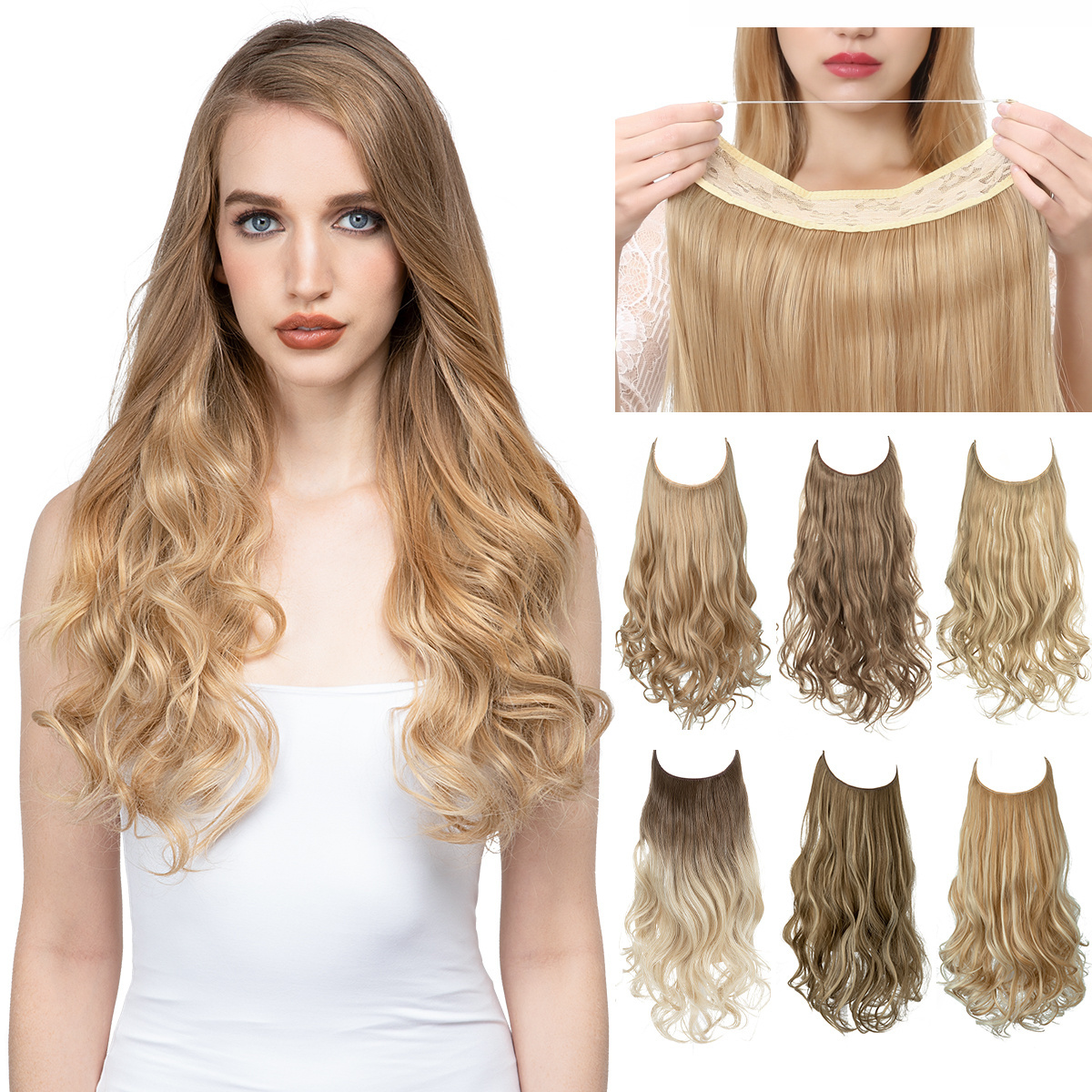 Wholesale Wavy Curly Invisible Halo Fiber Hair Extensions Natural Black Ombre Blonde Color Long Synthetic Hairpieces For Women