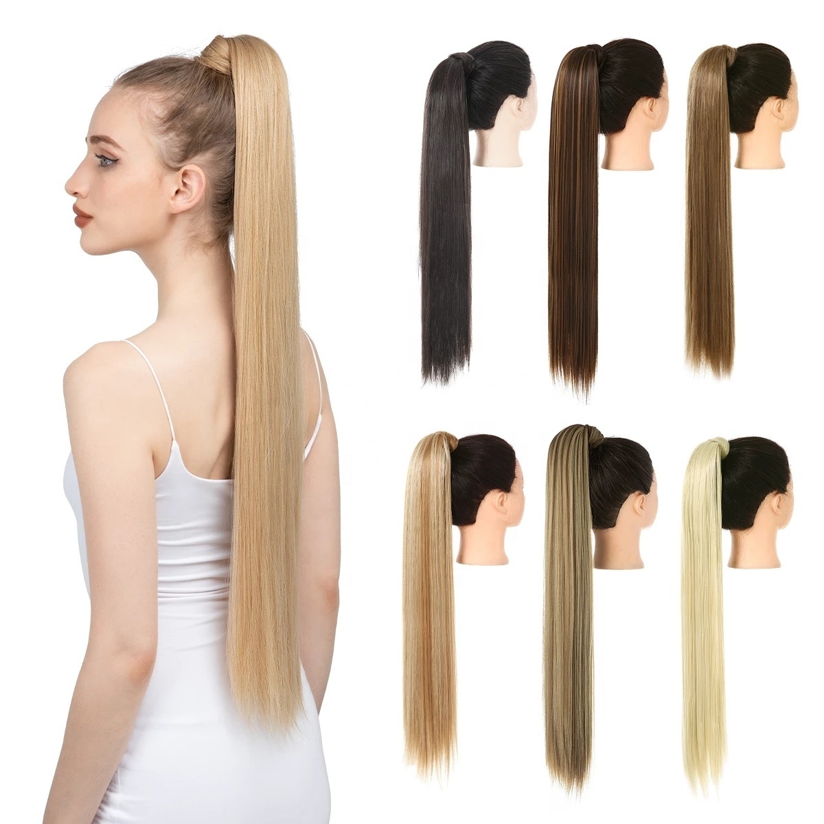 SARLA  Dropshipping 32 Inch Synthetic fiber  Long Straight Clip In Hair Wrap Around Ponytail Extensions Wig For White Women