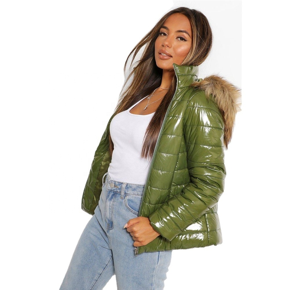 Women Shiny Wet Look Vinyl Thick Puffer Padded Cropped Women Puffy Sleeve Short Jacket Coat Thin Ladies PU leather Down Jacket