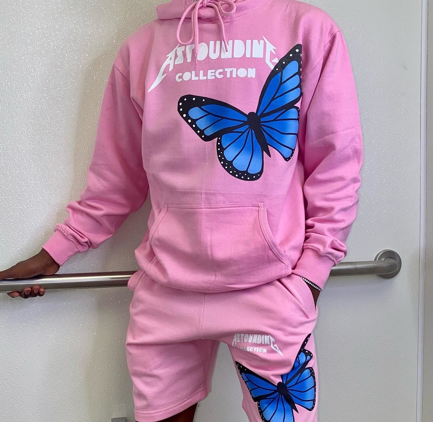 Custom two piece short set cotton hoodies sweat jogging suits oversized tracksuit butterfly print pink track suit for men