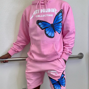 Custom two piece short set cotton hoodies sweat jogging suits oversized tracksuit butterfly print pink track suit for men