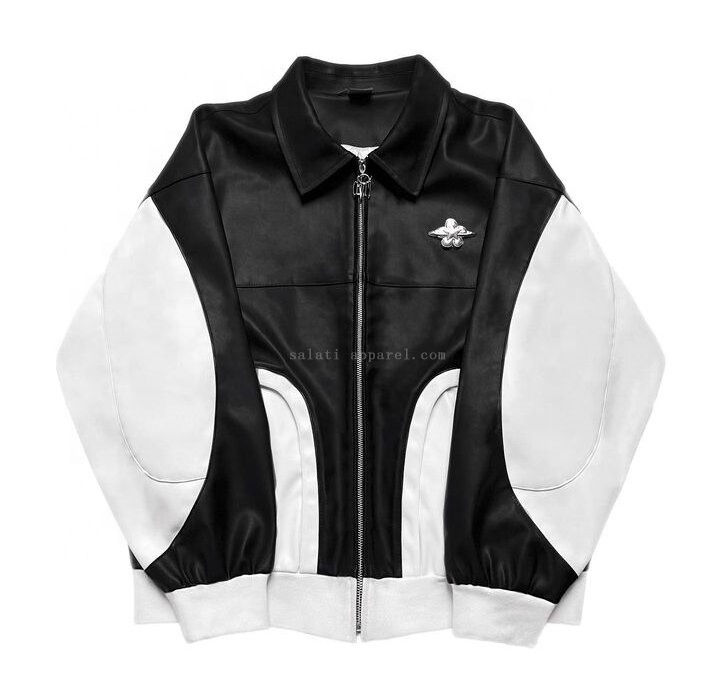 Custom Two Tone Color Polyester Blank Full Zip Up Oversized Streetwear Letterman Bomber Varsity Pu Leather Jackets Men