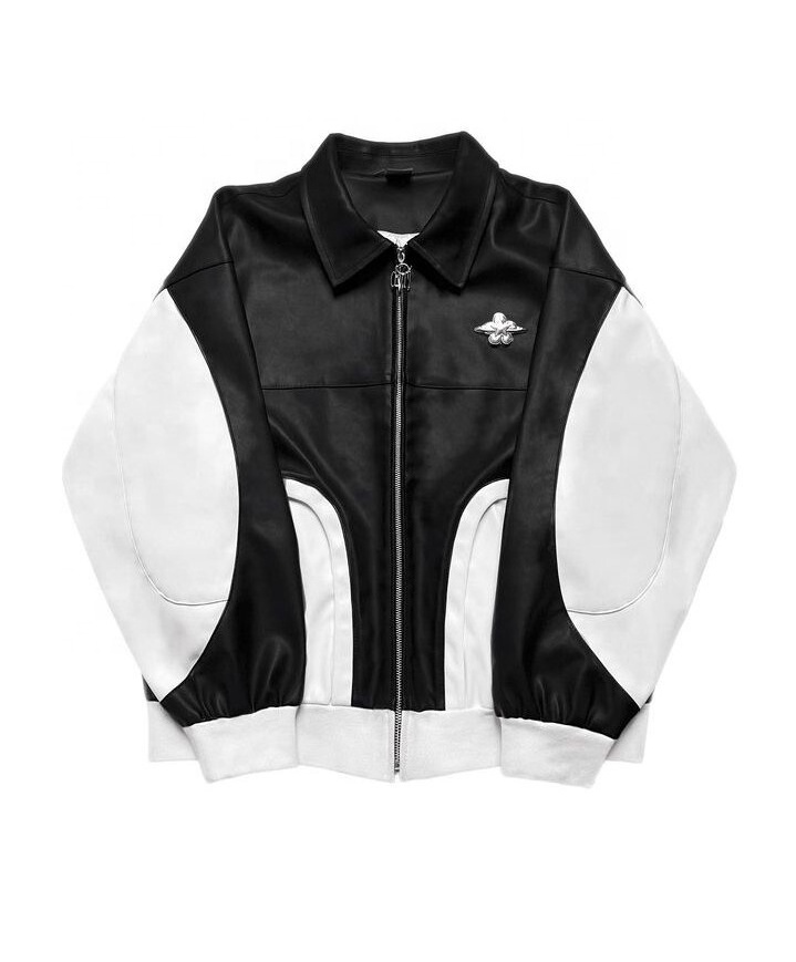 Custom Two Tone Color Polyester Blank Full Zip Up Oversized Streetwear Letterman Bomber Varsity Pu Leather Jackets Men