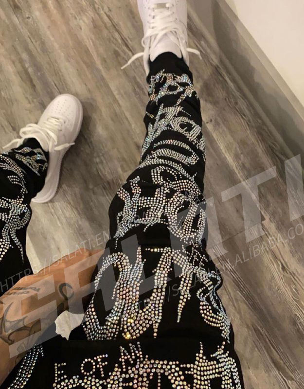 Custom Cotton Trousers For Men Skinny Denim Pants Rhinestone Printed Streetwear Jeans Mens