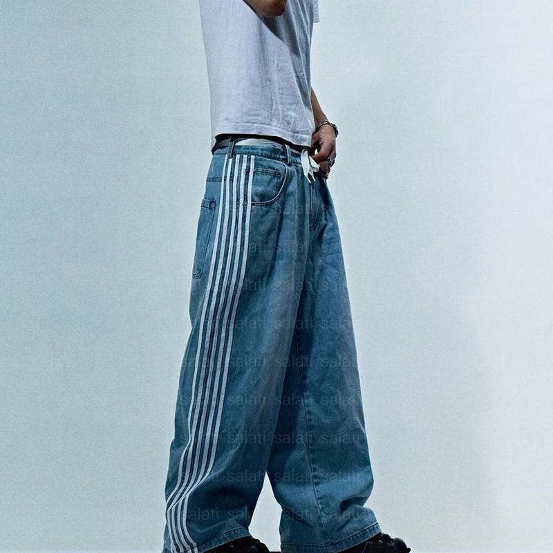 Custom Hip Hop Cotton Stripe Acid Wash Baggy Oversized Heavyweight Straight Wide Leg Flared Jeans Trousers Denim Pants For Men