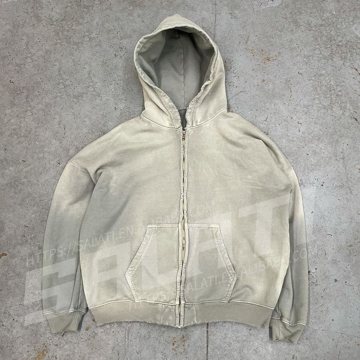 Custom zipper hoodie jacket cotton french terry sweatshirts blank full zip up vintage acid wash distressed hoodies for men