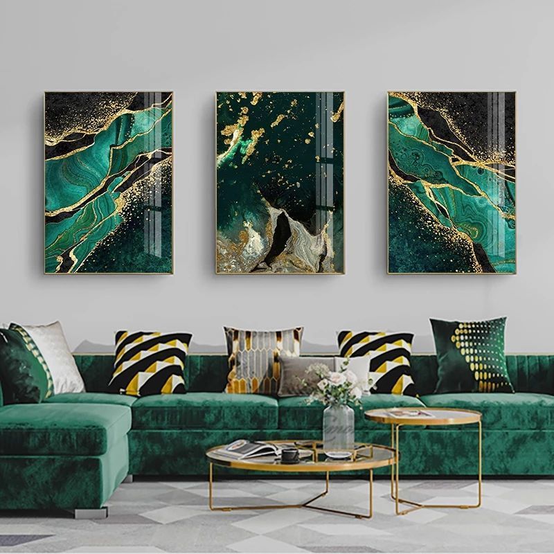 Gold green still life abstract line print wall art painting Modern painting living room decoration mural