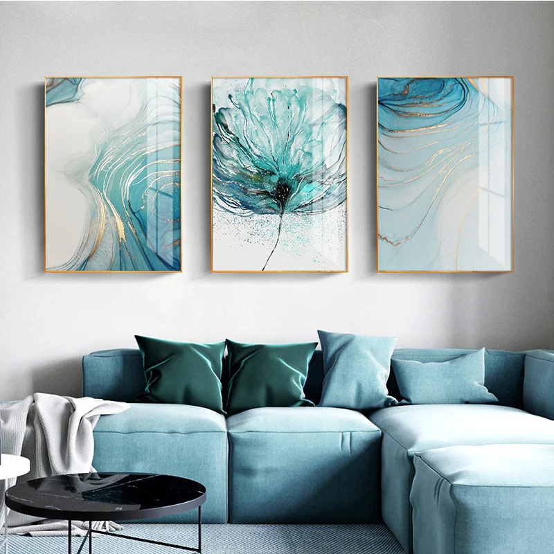 Blue Abstract Flower Canvas Poster Print Watercolor Geometric Agate Wall Art Painting Modern Picture for Living Room Home Decor