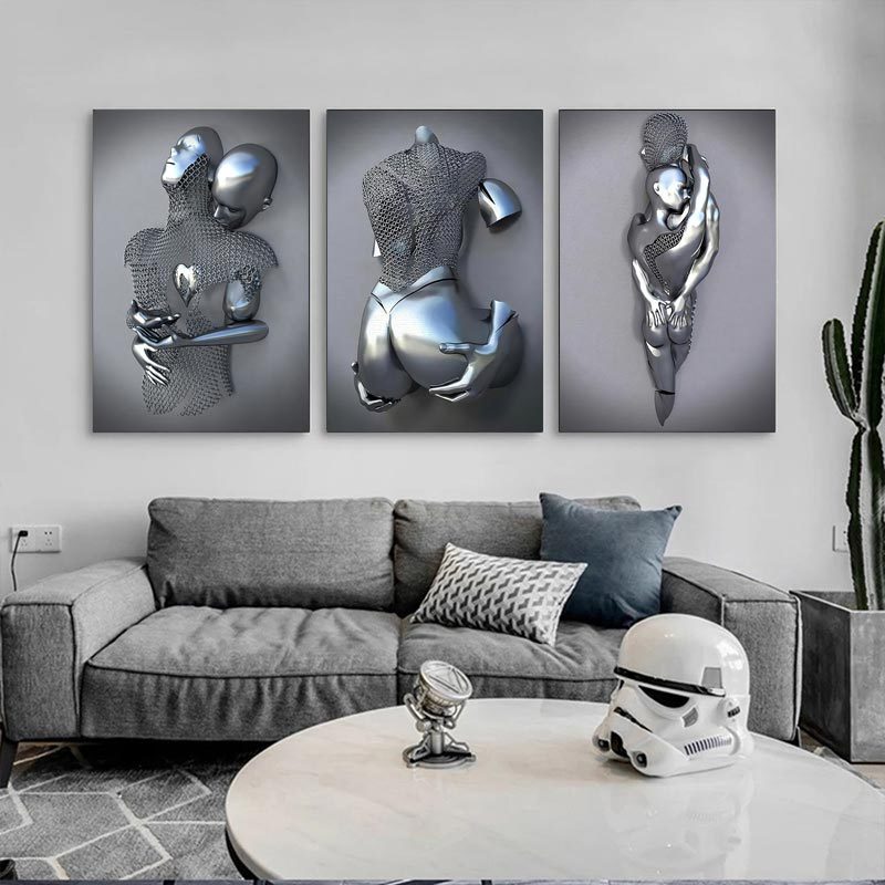 Modern Love Statue Poster Print Wall Picture Nordic Metal Figure Sculpture Wall Art Canvas Painting For Bed Room Decor