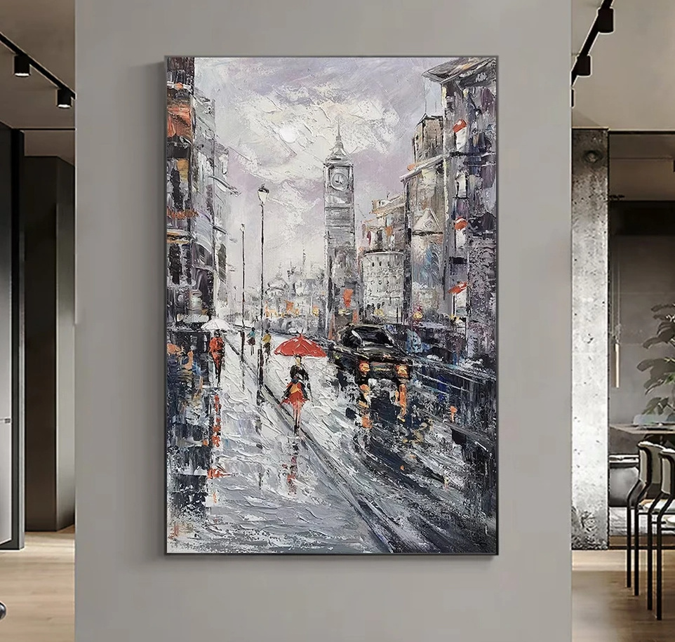 Abstract Rain City canvas City landscape Acrylic painting living room wall Art Home decoration 100% hand painting