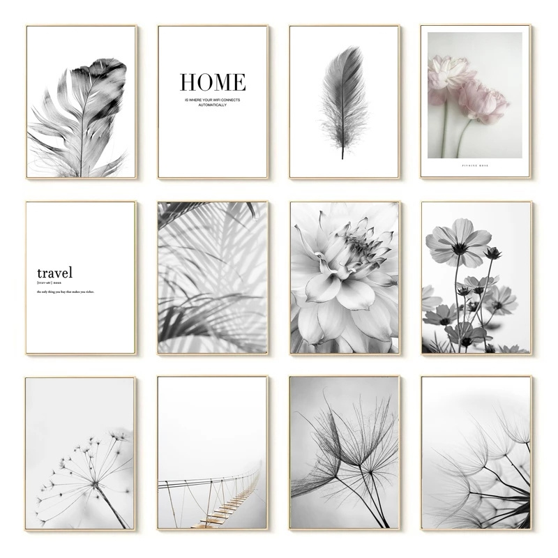 Black and White Flower Posters Print Wall Art Feather Dandelion Pictures Canvas Painting