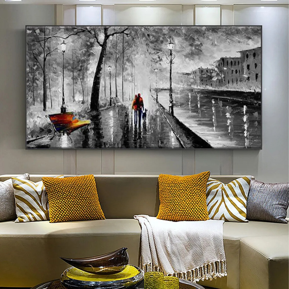 Abstract Rain City canvas City landscape Acrylic painting living room wall Art Home decoration 100% hand painting