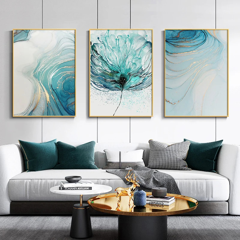 Blue Abstract Flower Canvas Poster Print Watercolor Geometric Agate Wall Art Painting Modern Picture for Living Room Home Decor