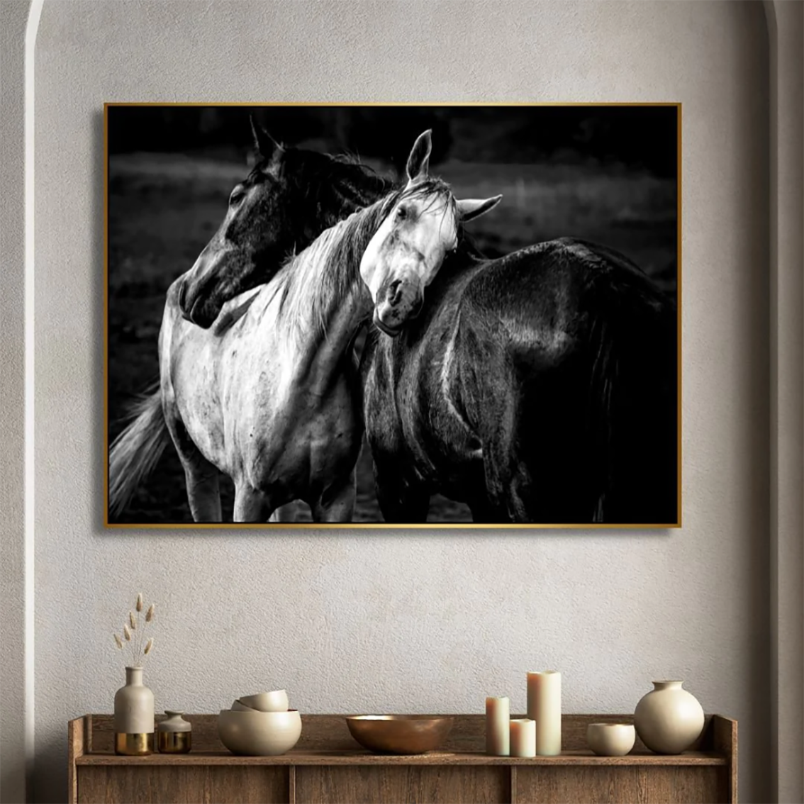 Home decoration white and black horse couple wall canvas art decorative painting