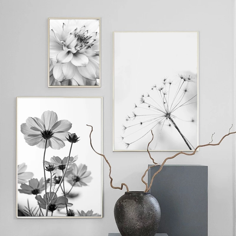 Black and White Flower Posters Print Wall Art Feather Dandelion Pictures Canvas Painting