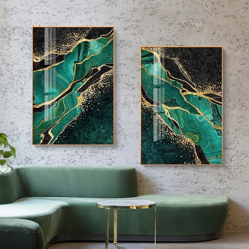 Gold green still life abstract line print wall art painting Modern painting living room decoration mural