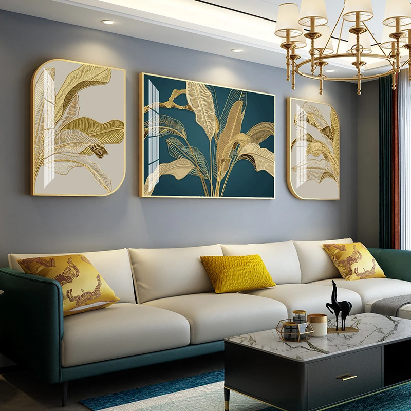 The living room is decorated with a backdrop wall of modern luxury sofa painted in crystal porcelain with a triple metal frame