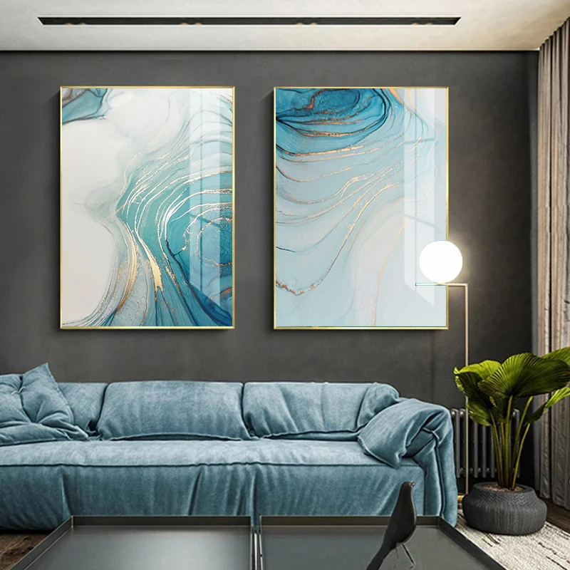 Blue Abstract Flower Canvas Poster Print Watercolor Geometric Agate Wall Art Painting Modern Picture for Living Room Home Decor