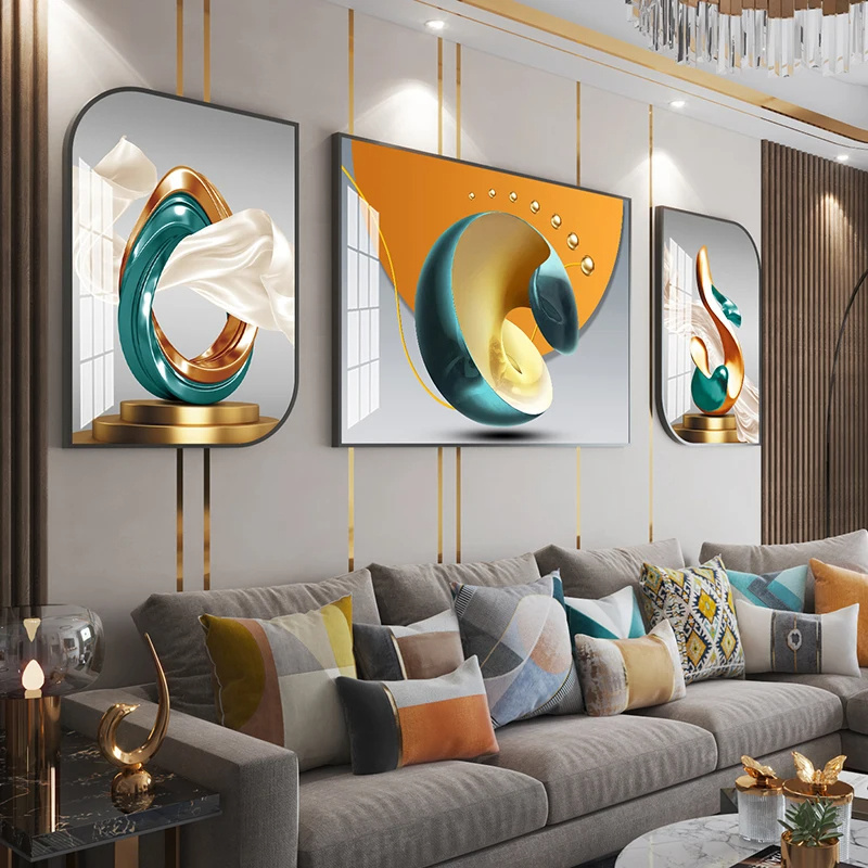 The living room is decorated with a backdrop wall of modern luxury sofa painted in crystal porcelain with a triple metal frame